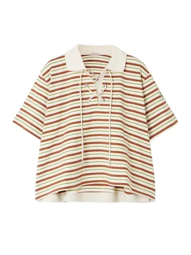 Moncler Lace-up Cropped Striped Cotton Polo Shirt | Thumbnail 1 Moncler Lace-up Cropped Striped Cotton Polo Shirt | Thumbnail 1