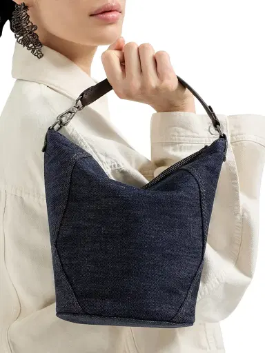 Brunello Cucinelli Women's Duo Small Bucket Bag in Cotton Denim Effect Twill with Monili - Blue | Thumbnail 2 Brunello Cucinelli Women's Duo Small Bucket Bag in Cotton Denim Effect Twill with Monili - Blue | Thumbnail 2