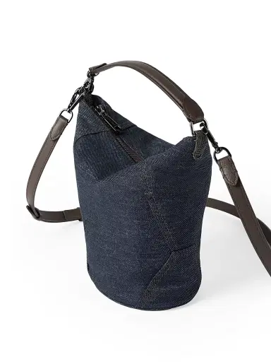Brunello Cucinelli Women's Duo Small Bucket Bag in Cotton Denim Effect Twill with Monili - Blue | Thumbnail 4 Brunello Cucinelli Women's Duo Small Bucket Bag in Cotton Denim Effect Twill with Monili - Blue | Thumbnail 4
