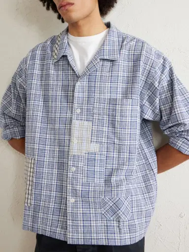 Story Mfg. Greetings Camp-Collar Patchwork Checked Organic Cotton Shirt - Men | Thumbnail 5 Story Mfg. Greetings Camp-Collar Patchwork Checked Organic Cotton Shirt - Men | Thumbnail 5