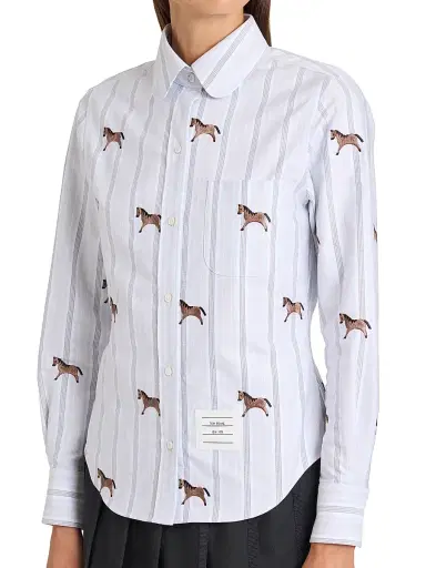 Thom Browne Women's Horse Striped Cotton Shirt - Medium Blue | Thumbnail 6 Thom Browne Women's Horse Striped Cotton Shirt - Medium Blue | Thumbnail 6