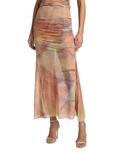 Ronny Kobo Women's Bruno Ruched Maxi Skirt - Light Blue Dark Brown Print | Thumbnail 3 Ronny Kobo Women's Bruno Ruched Maxi Skirt - Light Blue Dark Brown Print | Thumbnail 3