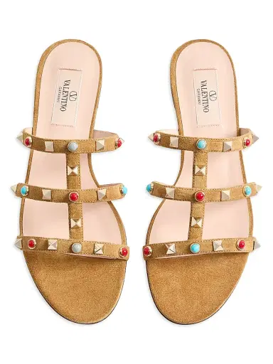 Valentino Garavani Women's Rockstud Slide Sandal in Split Leather with Cabochon Stones - Havana Beige - Size 12 | Thumbnail 4 Valentino Garavani Women's Rockstud Slide Sandal in Split Leather with Cabochon Stones - Havana Beige - Size 12 | Thumbnail 4