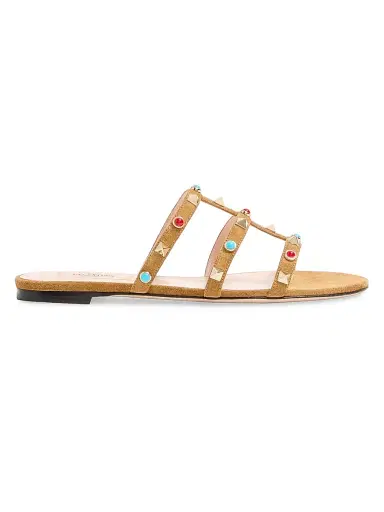 Valentino Garavani Women's Rockstud Slide Sandal in Split Leather with Cabochon Stones - Havana Beige - Size 12 | Thumbnail 1 Valentino Garavani Women's Rockstud Slide Sandal in Split Leather with Cabochon Stones - Havana Beige - Size 12 | Thumbnail 1