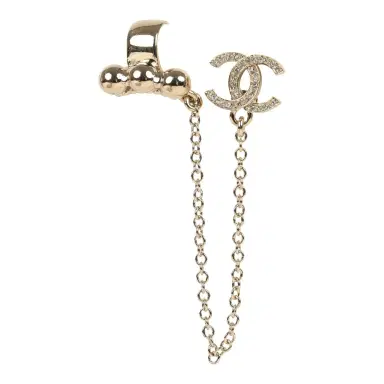 Chanel Chanel Crystal CC Dangle & Chain Link Ear Cuff Earrings Light Gold Tone Hardware | Thumbnail 3 Chanel Chanel Crystal CC Dangle & Chain Link Ear Cuff Earrings Light Gold Tone Hardware | Thumbnail 3