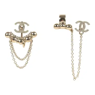 Chanel Chanel Crystal CC Dangle & Chain Link Ear Cuff Earrings Light Gold Tone Hardware | Thumbnail 1 Chanel Chanel Crystal CC Dangle & Chain Link Ear Cuff Earrings Light Gold Tone Hardware | Thumbnail 1