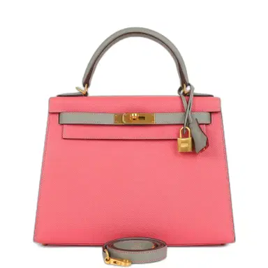 HERMÈS Pre-owned Hermes Special Order (HSS) Kelly Sellier 28 Rose Azalee and Gris Mouette Epsom Brushed Gold Hardware | Thumbnail 1 HERMÈS Pre-owned Hermes Special Order (HSS) Kelly Sellier 28 Rose Azalee and Gris Mouette Epsom Brushed Gold Hardware | Thumbnail 1