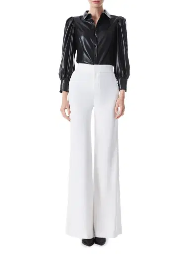 ALICE + OLIVIA Women's Nadine Puff-Sleeve Vegan Leather Blouse - Black | Thumbnail 2 ALICE + OLIVIA Women's Nadine Puff-Sleeve Vegan Leather Blouse - Black | Thumbnail 2