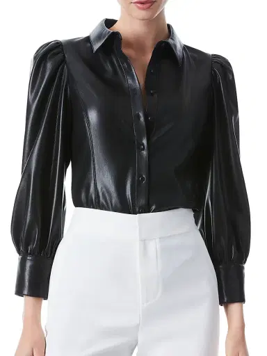 ALICE + OLIVIA Women's Nadine Puff-Sleeve Vegan Leather Blouse - Black | Thumbnail 3 ALICE + OLIVIA Women's Nadine Puff-Sleeve Vegan Leather Blouse - Black | Thumbnail 3