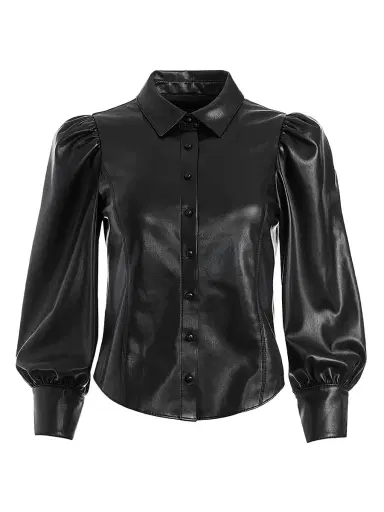 ALICE + OLIVIA Women's Nadine Puff-Sleeve Vegan Leather Blouse - Black | Thumbnail 1 ALICE + OLIVIA Women's Nadine Puff-Sleeve Vegan Leather Blouse - Black | Thumbnail 1