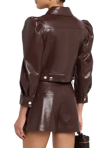 ALICE + OLIVIA Women's Lana Faux-Leather Trucker Jacket - Dark Chocolate | Thumbnail 4 ALICE + OLIVIA Women's Lana Faux-Leather Trucker Jacket - Dark Chocolate | Thumbnail 4
