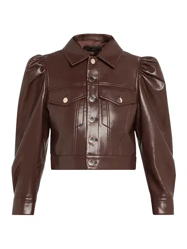 ALICE + OLIVIA Women's Lana Faux-Leather Trucker Jacket - Dark Chocolate | Thumbnail 1 ALICE + OLIVIA Women's Lana Faux-Leather Trucker Jacket - Dark Chocolate | Thumbnail 1