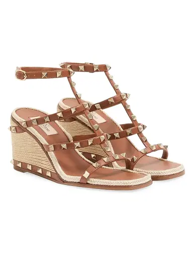 Valentino Garavani Women's Rockstud 80MM Wedge Sandals in Calfskin Leather - Saddle Brown - Size 12 | Thumbnail 2 Valentino Garavani Women's Rockstud 80MM Wedge Sandals in Calfskin Leather - Saddle Brown - Size 12 | Thumbnail 2