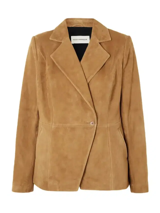 Double-breasted Paneled Asymmetric Brushed-suede Blazer Double-breasted Paneled Asymmetric Brushed-suede Blazer