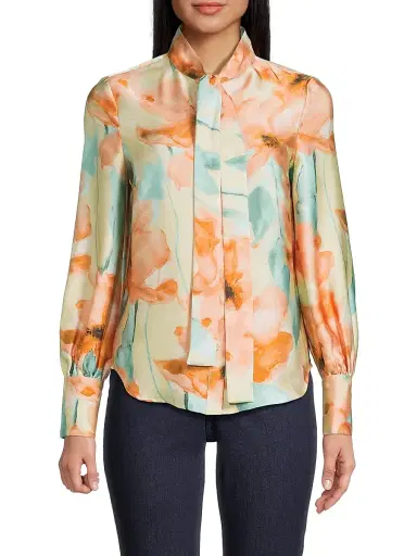 Misook Women's Floral Tieneck Crêpe de Chine Blouse | Thumbnail 3 Misook Women's Floral Tieneck Crêpe de Chine Blouse | Thumbnail 3
