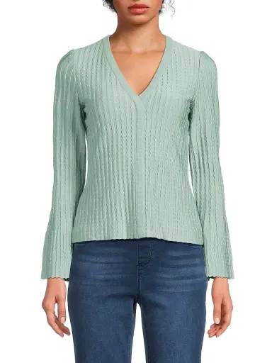 Misook Women's Scalloped Rib-Knit Top - Mystic Green | Thumbnail 3 Misook Women's Scalloped Rib-Knit Top - Mystic Green | Thumbnail 3