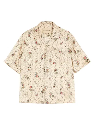 Valentino Garavani Men's Silk Bowling Shirt with Papier Floral Print | Thumbnail 1 Valentino Garavani Men's Silk Bowling Shirt with Papier Floral Print | Thumbnail 1
