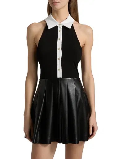 Alice + Olivia Women's Tate Faux Leather Sleeveless Polo Mini Shirtdress - Black Off White | Thumbnail 3 Alice + Olivia Women's Tate Faux Leather Sleeveless Polo Mini Shirtdress - Black Off White | Thumbnail 3