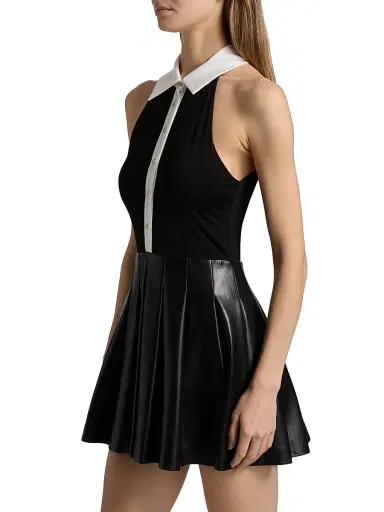 Alice + Olivia Women's Tate Faux Leather Sleeveless Polo Mini Shirtdress - Black Off White | Thumbnail 4 Alice + Olivia Women's Tate Faux Leather Sleeveless Polo Mini Shirtdress - Black Off White | Thumbnail 4