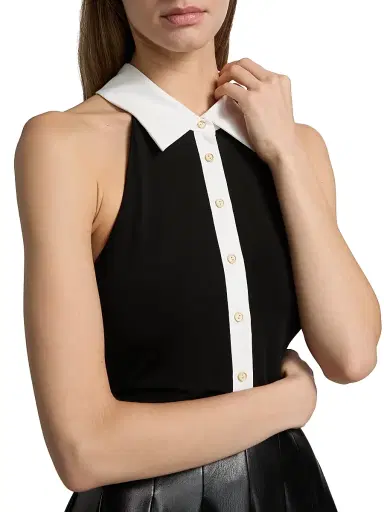 Alice + Olivia Women's Tate Faux Leather Sleeveless Polo Mini Shirtdress - Black Off White | Thumbnail 6 Alice + Olivia Women's Tate Faux Leather Sleeveless Polo Mini Shirtdress - Black Off White | Thumbnail 6