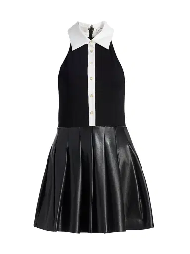 Alice + Olivia Women's Tate Faux Leather Sleeveless Polo Mini Shirtdress - Black Off White | Thumbnail 1 Alice + Olivia Women's Tate Faux Leather Sleeveless Polo Mini Shirtdress - Black Off White | Thumbnail 1