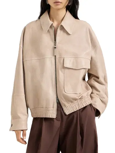 Brunello Cucinelli Women's Glossy Nappa Leather Outerwear Jacket with Monili - Beige - Size 0 | Thumbnail 2 Brunello Cucinelli Women's Glossy Nappa Leather Outerwear Jacket with Monili - Beige - Size 0 | Thumbnail 2