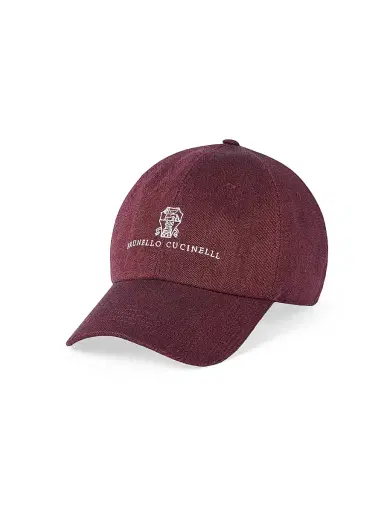 Brunello Cucinelli Men's Linen and Virgin Wool Chevron Baseball Cap with Embroidered Logo - Cherry | Thumbnail 1 Brunello Cucinelli Men's Linen and Virgin Wool Chevron Baseball Cap with Embroidered Logo - Cherry | Thumbnail 1