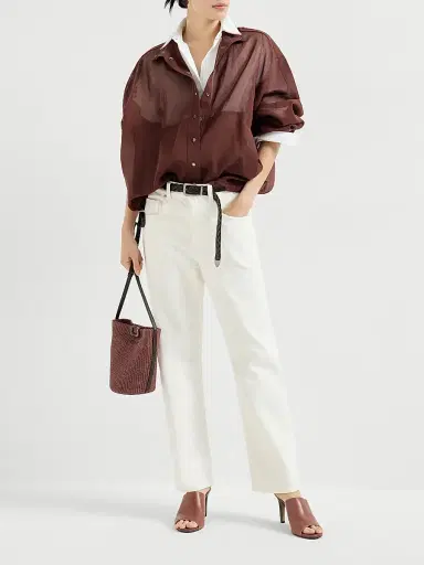 Brunello Cucinelli Women's Stretch Cotton Poplin Shirt with Shiny Collar - White | Thumbnail 6 Brunello Cucinelli Women's Stretch Cotton Poplin Shirt with Shiny Collar - White | Thumbnail 6