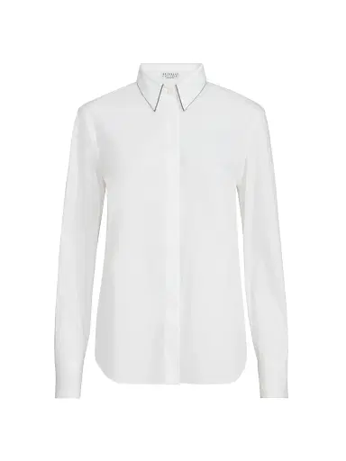 Brunello Cucinelli Women's Stretch Cotton Poplin Shirt with Shiny Collar - White | Thumbnail 1 Brunello Cucinelli Women's Stretch Cotton Poplin Shirt with Shiny Collar - White | Thumbnail 1