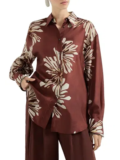 Brunello Cucinelli Women's Silk Bloom Print Pongee Shirt with Monili - Bordeaux | Thumbnail 2 Brunello Cucinelli Women's Silk Bloom Print Pongee Shirt with Monili - Bordeaux | Thumbnail 2