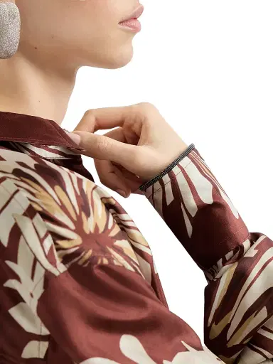 Brunello Cucinelli Women's Silk Bloom Print Pongee Shirt with Monili - Bordeaux | Thumbnail 4 Brunello Cucinelli Women's Silk Bloom Print Pongee Shirt with Monili - Bordeaux | Thumbnail 4