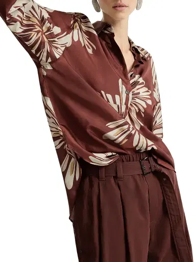 Brunello Cucinelli Women's Silk Bloom Print Pongee Shirt with Monili - Bordeaux | Thumbnail 5 Brunello Cucinelli Women's Silk Bloom Print Pongee Shirt with Monili - Bordeaux | Thumbnail 5