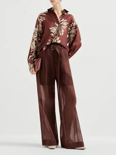 Brunello Cucinelli Women's Silk Bloom Print Pongee Shirt with Monili - Bordeaux | Thumbnail 6 Brunello Cucinelli Women's Silk Bloom Print Pongee Shirt with Monili - Bordeaux | Thumbnail 6