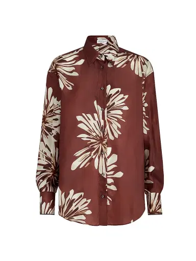 Brunello Cucinelli Women's Silk Bloom Print Pongee Shirt with Monili - Bordeaux | Thumbnail 1 Brunello Cucinelli Women's Silk Bloom Print Pongee Shirt with Monili - Bordeaux | Thumbnail 1