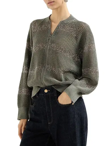 Brunello Cucinelli Women's Cotton Net Cardigan with Dazzling Stripes - Khaki | Thumbnail 2 Brunello Cucinelli Women's Cotton Net Cardigan with Dazzling Stripes - Khaki | Thumbnail 2