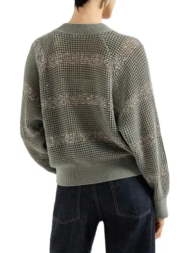 Brunello Cucinelli Women's Cotton Net Cardigan with Dazzling Stripes - Khaki | Thumbnail 3 Brunello Cucinelli Women's Cotton Net Cardigan with Dazzling Stripes - Khaki | Thumbnail 3