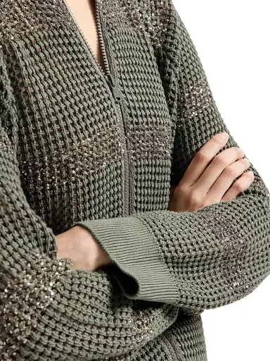 Brunello Cucinelli Women's Cotton Net Cardigan with Dazzling Stripes - Khaki | Thumbnail 4 Brunello Cucinelli Women's Cotton Net Cardigan with Dazzling Stripes - Khaki | Thumbnail 4