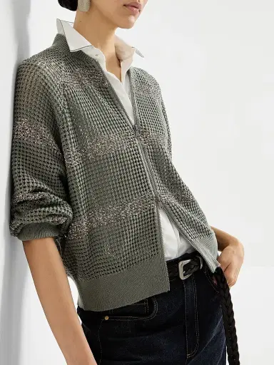 Brunello Cucinelli Women's Cotton Net Cardigan with Dazzling Stripes - Khaki | Thumbnail 5 Brunello Cucinelli Women's Cotton Net Cardigan with Dazzling Stripes - Khaki | Thumbnail 5