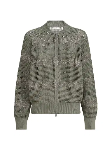 Brunello Cucinelli Women's Cotton Net Cardigan with Dazzling Stripes - Khaki | Thumbnail 1 Brunello Cucinelli Women's Cotton Net Cardigan with Dazzling Stripes - Khaki | Thumbnail 1
