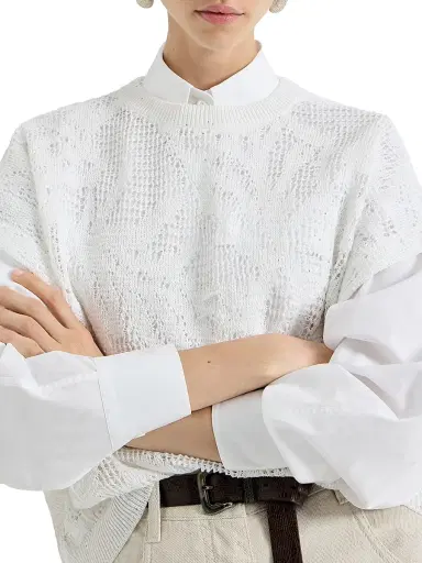 Brunello Cucinelli Women's Dazzling Water Lillies Knit T-Shirt in Linen and Cotton - White | Thumbnail 5 Brunello Cucinelli Women's Dazzling Water Lillies Knit T-Shirt in Linen and Cotton - White | Thumbnail 5