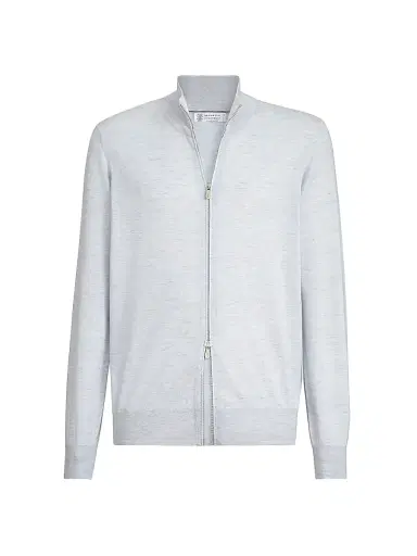 Brunello Cucinelli Men's Lightweight Cashmere, Silk and Linen Cardigan with Zipper - Pale Blue | Thumbnail 1 Brunello Cucinelli Men's Lightweight Cashmere, Silk and Linen Cardigan with Zipper - Pale Blue | Thumbnail 1