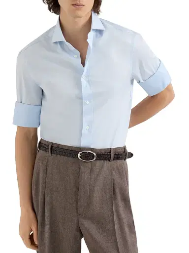 Brunello Cucinelli Men's Twill Slim Fit Shirt with Spread Collar - Azure | Thumbnail 5 Brunello Cucinelli Men's Twill Slim Fit Shirt with Spread Collar - Azure | Thumbnail 5