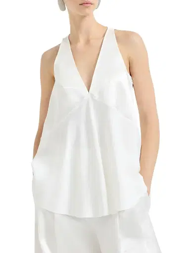 Brunello Cucinelli Women's Cotton and Silk Satin Top with Fluid Twill Panel - White | Thumbnail 2 Brunello Cucinelli Women's Cotton and Silk Satin Top with Fluid Twill Panel - White | Thumbnail 2