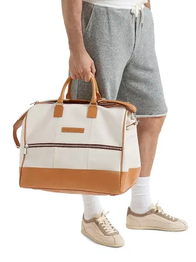 Brunello Cucinelli Men's Grained Calfskin and Cowhide Boston Leisure Bag - Ivory | Thumbnail 2 Brunello Cucinelli Men's Grained Calfskin and Cowhide Boston Leisure Bag - Ivory | Thumbnail 2