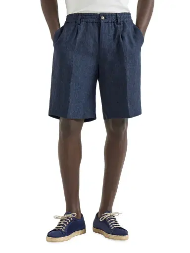 Brunello Cucinelli Men's Lightweight Délavé Linen Bermuda Shorts with Elasticated Waistband - Dark Denim - Size 42 | Thumbnail 2 Brunello Cucinelli Men's Lightweight Délavé Linen Bermuda Shorts with Elasticated Waistband - Dark Denim - Size 42 | Thumbnail 2