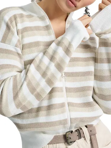 Brunello Cucinelli Women's Rib Knit Cotton Cardigan with Stripes - Beige | Thumbnail 5 Brunello Cucinelli Women's Rib Knit Cotton Cardigan with Stripes - Beige | Thumbnail 5