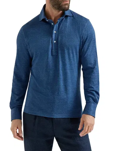 Brunello Cucinelli Men's Linen and Cotton Mélange Jersey Long Sleeve Polo Shirt - Denim | Thumbnail 2 Brunello Cucinelli Men's Linen and Cotton Mélange Jersey Long Sleeve Polo Shirt - Denim | Thumbnail 2