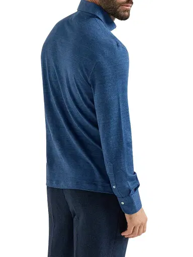 Brunello Cucinelli Men's Linen and Cotton Mélange Jersey Long Sleeve Polo Shirt - Denim | Thumbnail 3 Brunello Cucinelli Men's Linen and Cotton Mélange Jersey Long Sleeve Polo Shirt - Denim | Thumbnail 3
