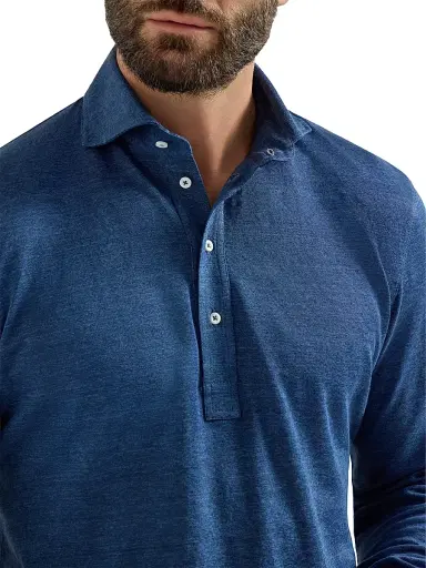 Brunello Cucinelli Men's Linen and Cotton Mélange Jersey Long Sleeve Polo Shirt - Denim | Thumbnail 4 Brunello Cucinelli Men's Linen and Cotton Mélange Jersey Long Sleeve Polo Shirt - Denim | Thumbnail 4
