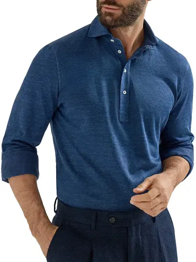 Brunello Cucinelli Men's Linen and Cotton Mélange Jersey Long Sleeve Polo Shirt - Denim | Thumbnail 5 Brunello Cucinelli Men's Linen and Cotton Mélange Jersey Long Sleeve Polo Shirt - Denim | Thumbnail 5